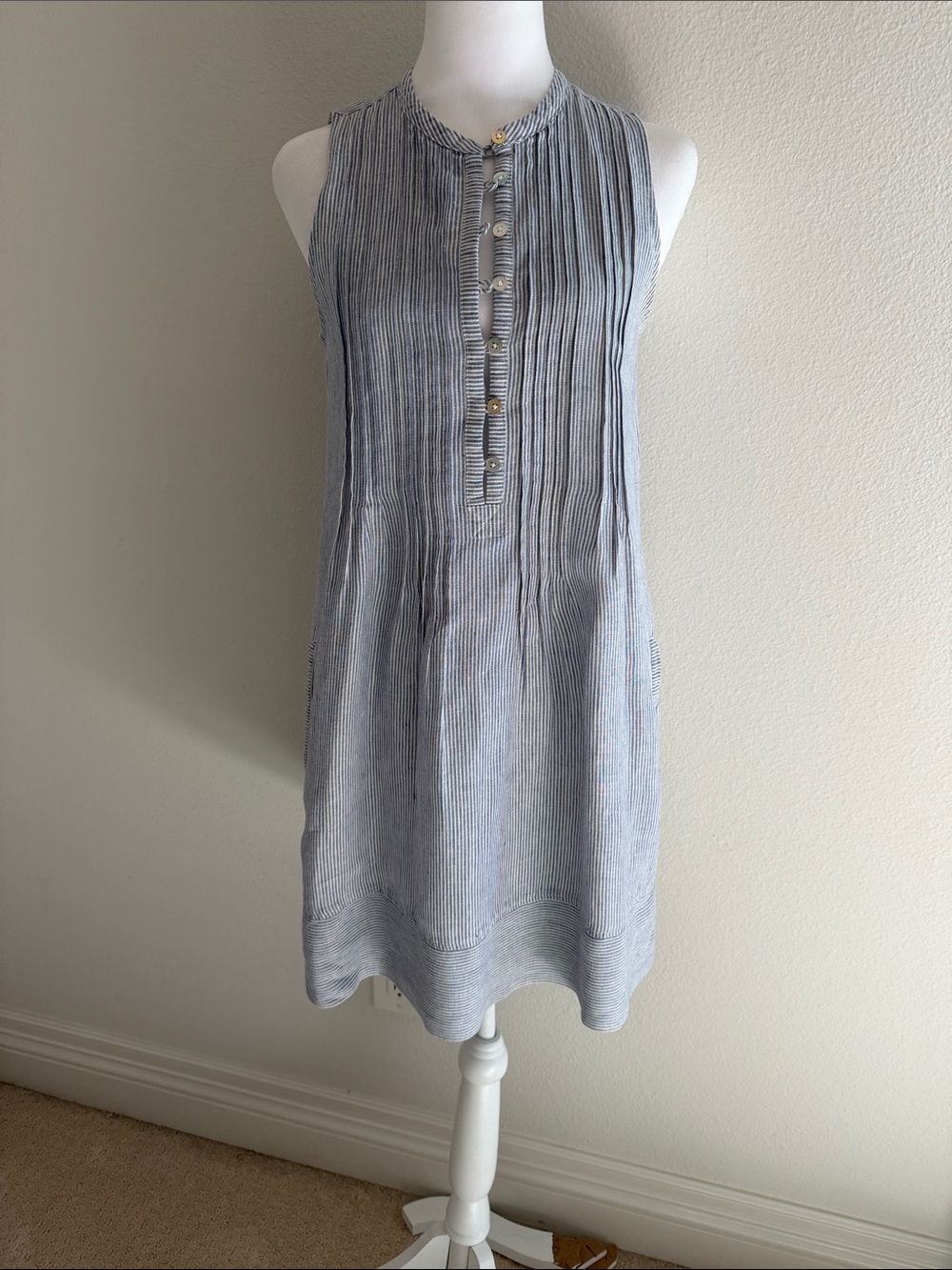Faherty Sleeveless Pinstripe Pintuck Button Front Dress - Light Blue & White